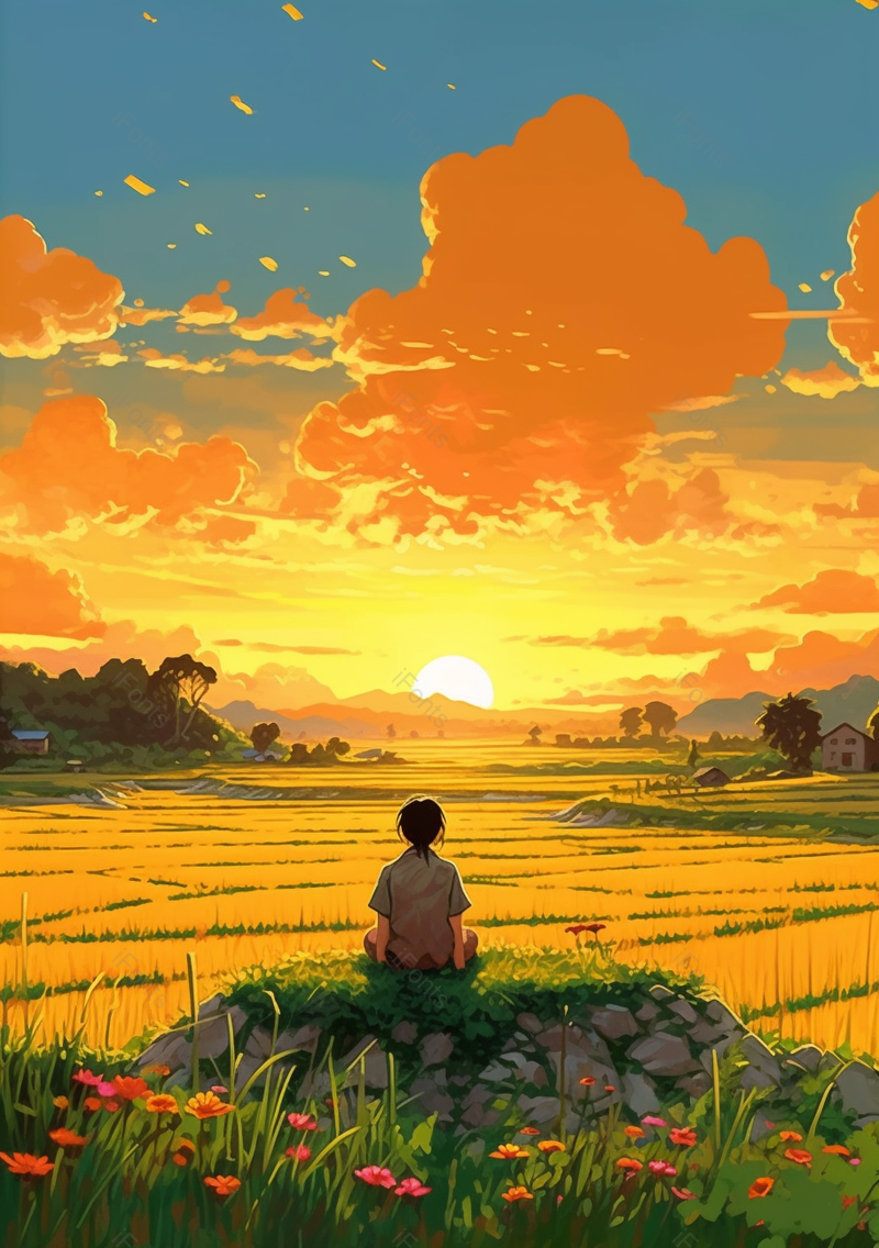 夕阳看晚霞女孩背影唯美插画背景,插画/手绘图,插画/手绘图库,插画/手绘图下载,插画/手绘